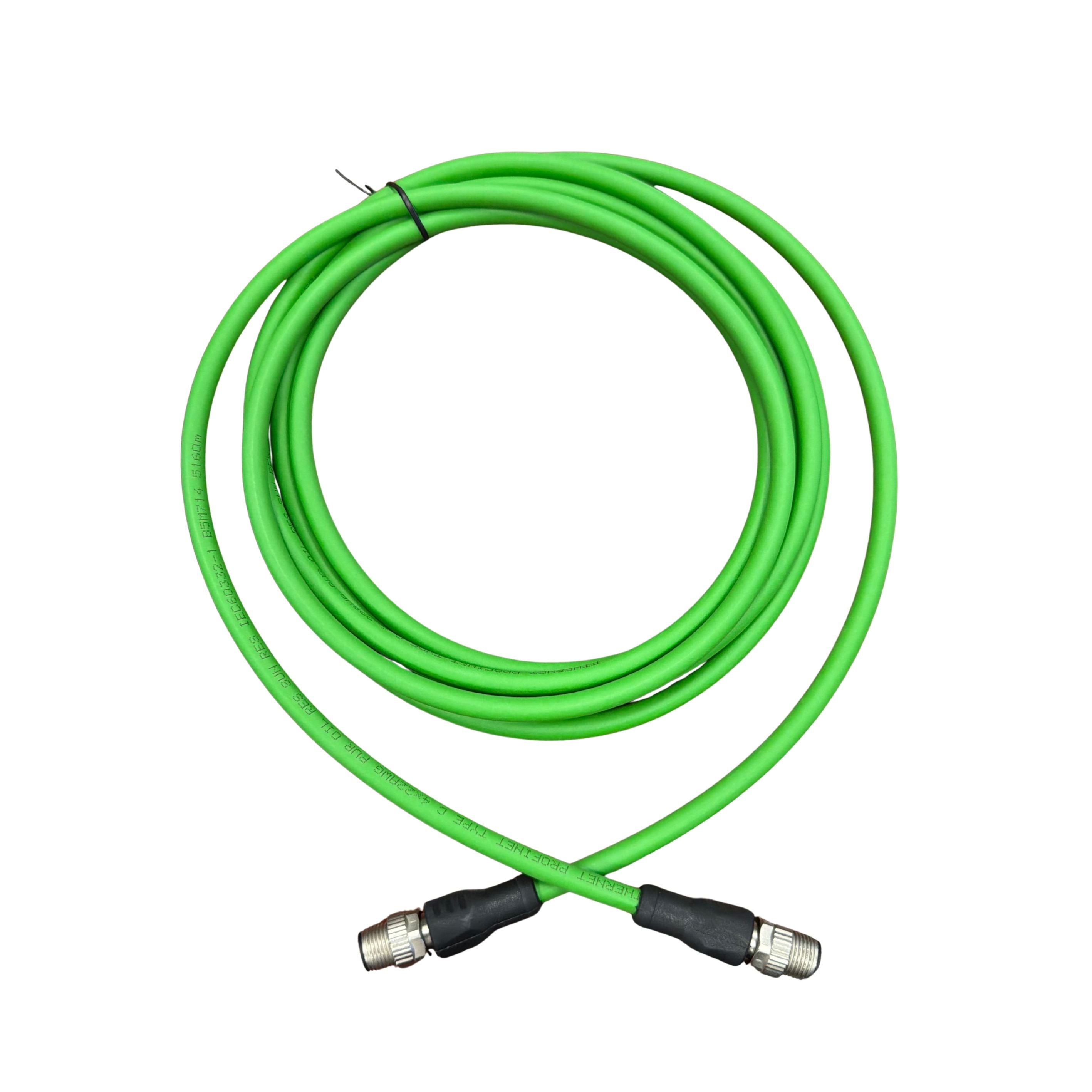 M12, 4 pins, D buckle male straight/male straight M8, 4 pins, green shield PUR high flex energy chain cable length 3 meters