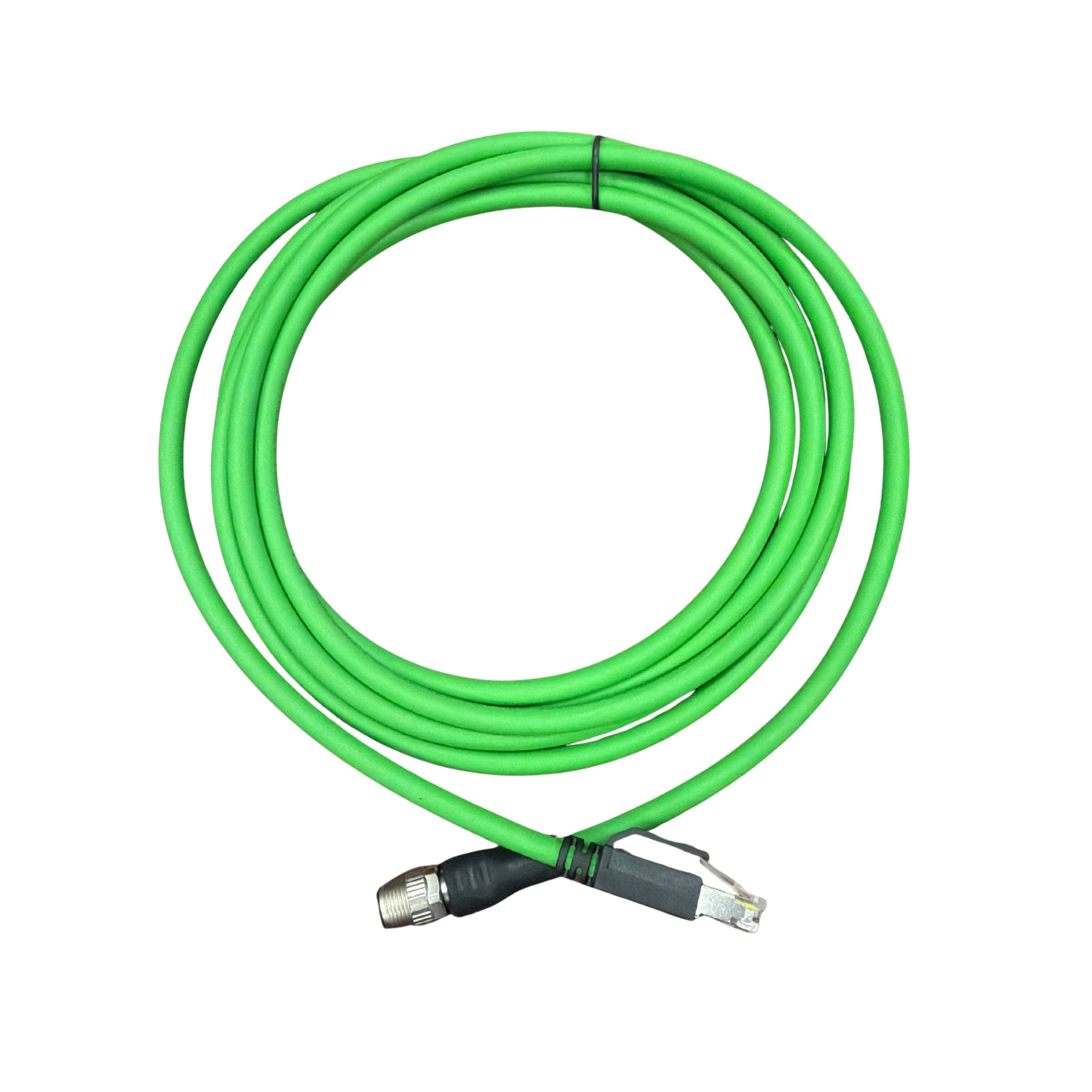 M12 double, 4-pin D-buckle male straight/male straight RJ45, green shield PUR high-flex energy chain cable length 3 meter